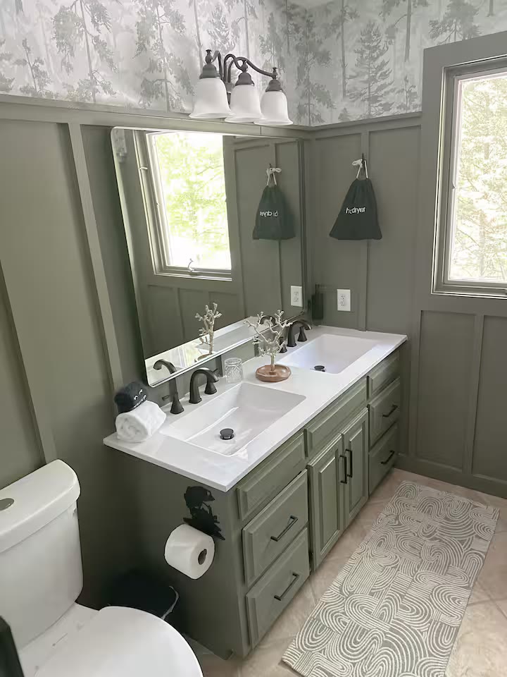 The Angler's Canoe Lake House - Bathroom Vanity The Angler's Canoe Lake House bathroom vanity at a direct-booking vacation rental in Cedar Bluff, Alabama
